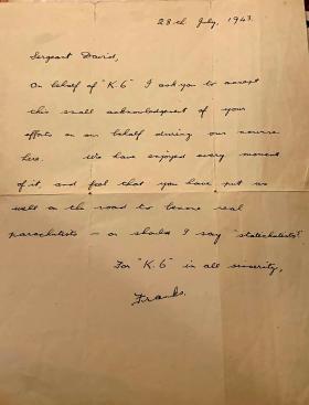 OS Letter from K6 to Sgt David 28 July 1943