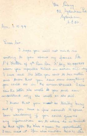 Letter from Mary Witson to Major Parry about the death of her fiance P. F. Walter