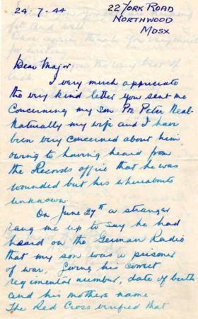 Letter from Mr L. Neal to Major Parry about his missing son P. Neal - Letter 1