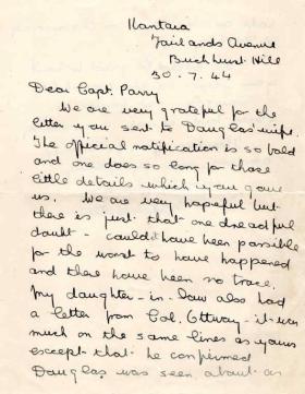 Letter from Mrs M. Catlin to Major Parry about the death of her son D. Catlin