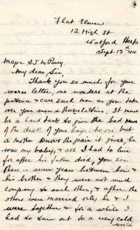 Letter from Mrs Mawson to Major Parry about the death of her son E. Corteil