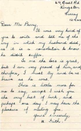 Letter from Mrs N. Frith to Major Parry about the death of her husband J. Frith