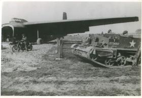 A Hamilcar glider, airborne motorcycle and tank on the Rhine Crossing landing zone. 