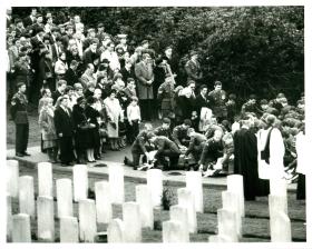 Burial service at Aldershot cemetary for those killed in Falklands conflict.