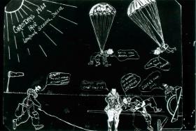 Christmas card from Air Landing School, Delhi, 1941. Shows cartoon figures parachuting.