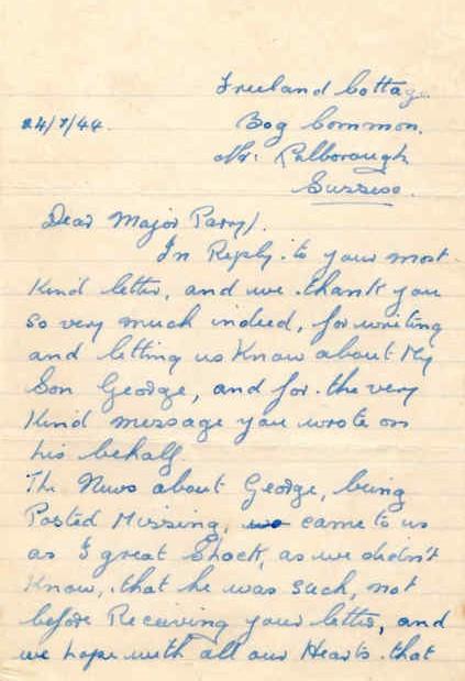 Letter from Mr & Mrs Adsett to Major Parry about their missing son G. Adsett - Letter 1