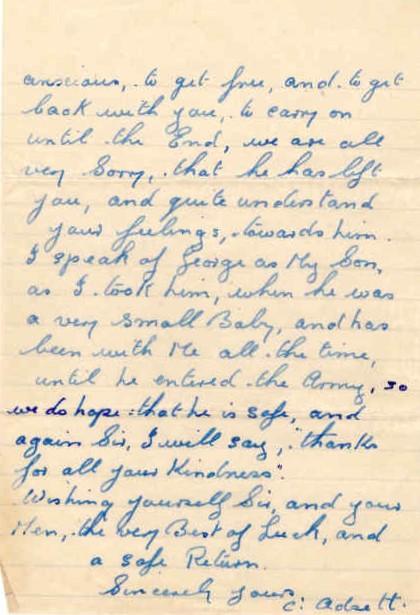 Letter from Mr & Mrs Adsett to Major Parry about their missing son G. Adsett - Letter 1
