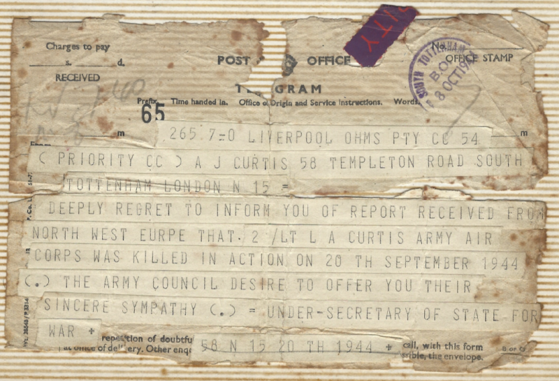 OS Telegram reporting the death of 2Lt LA Curtis MM
