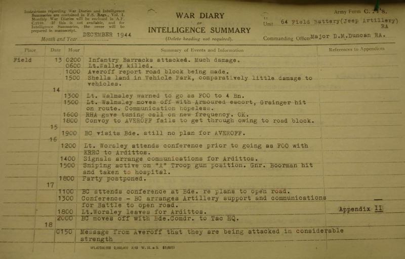 OS 64 A-L Lt Bty, RA. War Diary. 13 to 18 Dec 1944
