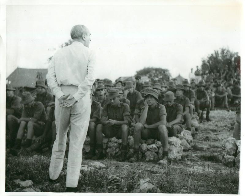 Lord Caradon addresses forces in Anguilla, July 1969.