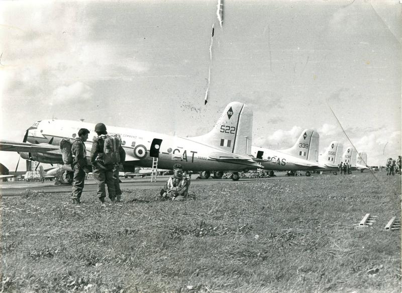 Men of 3 PARA in Nicosia, Cyprus beside the Hastings aircraft that will drop them at El Gamil airfield.