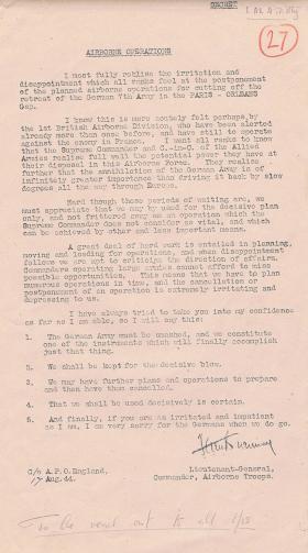 Letter from Browning to all airborne troops. August, 1944. 