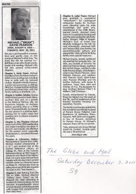 Obituary for Michael D Pearson from The Globe and Mail, Canada's national newspaper, 3 December 2011.