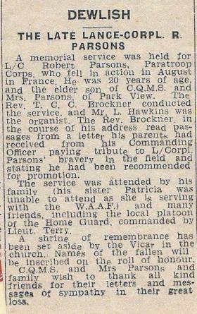 Obituary for Pte Robert Parsons, newspaper unknown.
