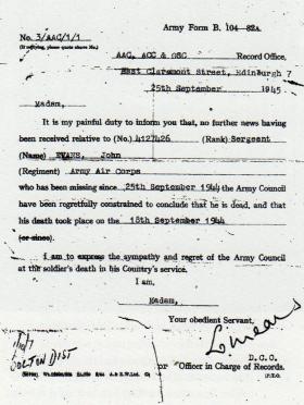 Letter regarding Sgt Evans' death.