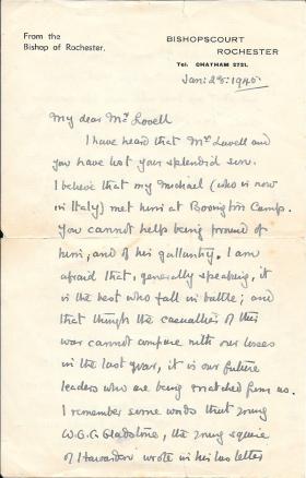 Letter of condolence from the Bishop of Rochester. 1945. 
