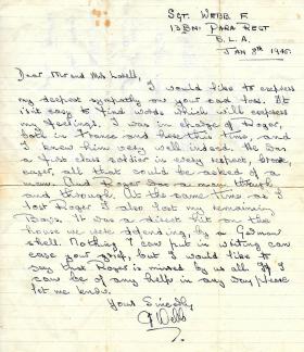 Letter of condolence from Sgt F Webb. 1945. 