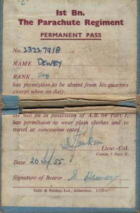 Permanent Pass for Pte S Dewey