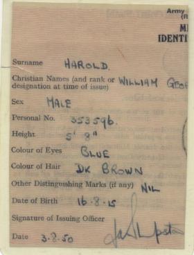 Post War ID card issued 1950-7