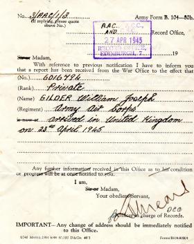 WL Glider letter from Army noting he has returned to UK from POW Camp.