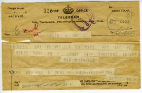 Sgt RA Bloomfield. 1st wedding anniversay telegram. 11 Jun 1945