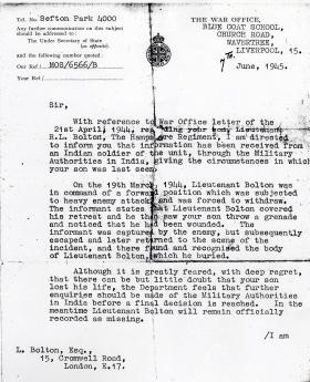 Letter from The War Office informing the father of the death of his son Lt RL Bolton
