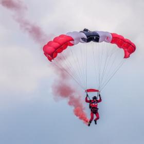 A member of The Red Devils Parachute Display Team at the Colours Parade, 13 July 2021