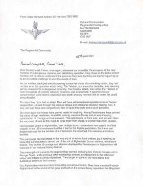 Letter From Major General Andrew SD Harrison Col Comdt PARA Regt