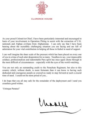 Prince Charles letter regarding Op Pitting