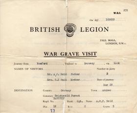 British Legion War Grave Visit form Sgt Albert WF Reid