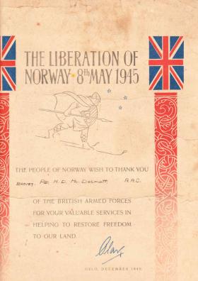 Liberation of Norway Certificate given to Henry D McDermott 1945
