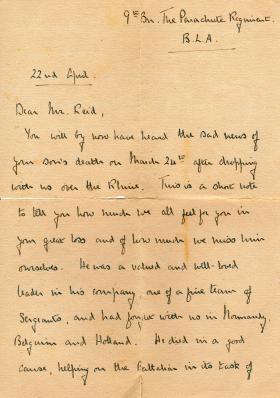Letter from Lt Col N Crooitenden to Mother of Sgt Albert WF Reid 