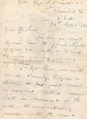 Letters from Maj GE Smith MC to Mother of Sgt Albert WF Reid 