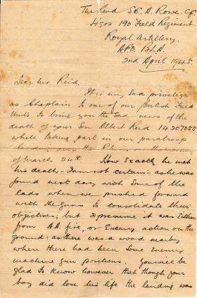 Letter from Padre to Mother of Sgt Albert WF Reid