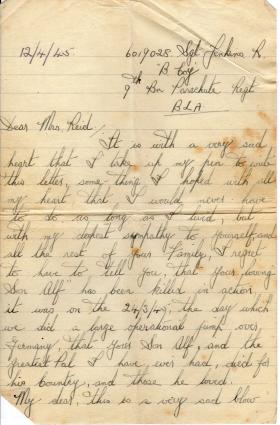 Letter from Sgt R Jenkins to Mother of Sgt Albert WF Reid 