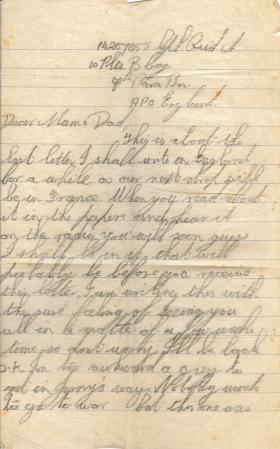 Letter home from Sgt Albert WF Reid 9th Batt