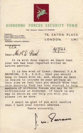 Letter to parents of Sgt Reid from Airborne Forces Security Fund 1945