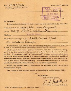 Notifications of the death of Sgt AWF Reid 1