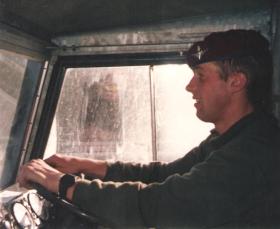 Pte John Chambers driving a Land Rover