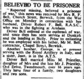 Newspaper Cutting relating to L/Cpl RF Bell