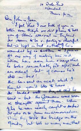 Letter written by Alan Bush's sister describing Alan's involvement at Arnhem