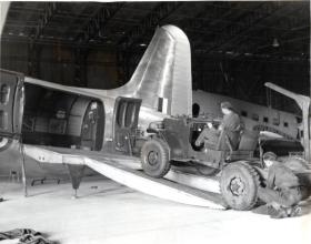 Test loading a vehicle onto a Valetta, 1948