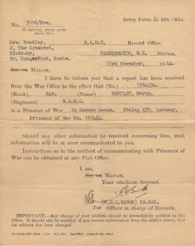 Army Form B104 letters to family regarding POW Status