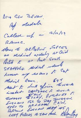 AA H Bentley's letter to Gen. Bevan ref medals