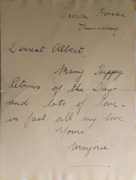 Handwritten birthday card to Cpl. Albert Holtom, from his wife Marjorie