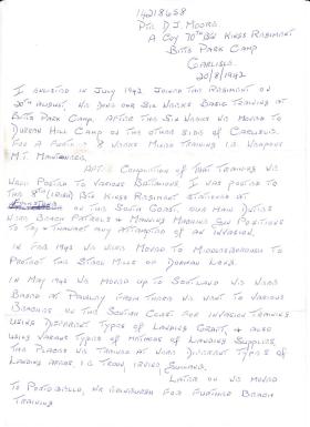 Dougie Moore's handwritten letter detailing his service with the Army