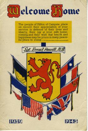 Sgt EH Hewitt. Welcome home card 1945
