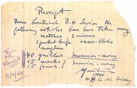 Receipt for the possessions of Lt RH Levien