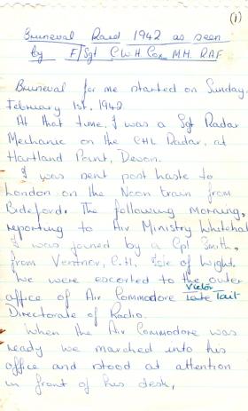 handwritten account of Bruneval raid by FSgt Charles Cox MM