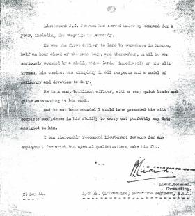 Lt Col Luard's letter Re Lt JS Jeavons 23 Sept 1944